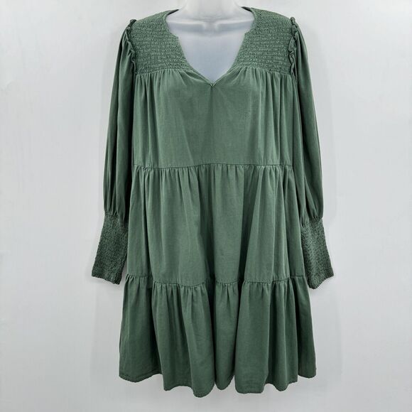 Pomander Place Ceci Mini Dress Size S Green Cotton Tiered Smocking V-Neck Lined - Picture 1 of 12